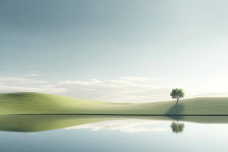 Abstract illustration minimalist landscape, alone tree in clear nature landscapeAbstract illustration minimalist landscape, Alone tree in clear nature landscape, Generative AI illustrationの素材