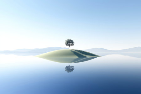 Abstract illustration minimalist landscape, alone tree in clear nature landscapeAbstract illustration minimalist landscape, Alone tree in clear nature landscape, Generative AI illustrationの素材