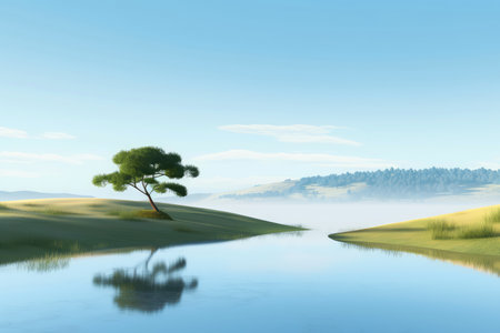 Abstract illustration minimalist landscape, alone tree in clear nature landscapeAbstract illustration minimalist landscape, Alone tree in clear nature landscape, Generative AI illustrationの素材