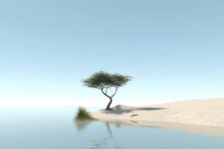 Abstract illustration minimalist landscape, alone tree in clear nature landscapeAbstract illustration minimalist landscape, Alone tree in clear nature landscape, Generative AI illustrationの素材