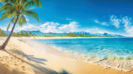 Illustration image, beach scene with crystal-clear turquoise waters, powdery white sand, palm leaves, sparkling waves and blue sunny sky, with copy space, Generative AI illustrationの素材