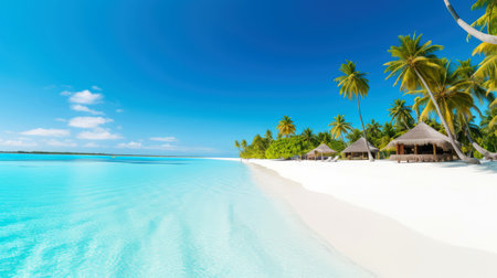 Illustration image, beach scene with crystal-clear turquoise waters, powdery white sand, palm leaves, sparkling waves and blue sunny sky, with copy space, Generative AI illustrationの素材