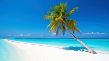 Illustration image, beach scene with crystal-clear turquoise waters, powdery white sand, palm leaves, sparkling waves and blue sunny sky, with copy space, Generative AI illustrationの素材