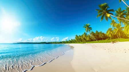 Illustration image, beach scene with crystal-clear turquoise waters, powdery white sand, palm leaves, sparkling waves and blue sunny sky, with copy space, Generative AI illustrationの素材