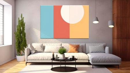 Stylish living room interior design with mock up poster frame, creative home accessories. Home staging. Copy space, Generative AI illustrationの素材