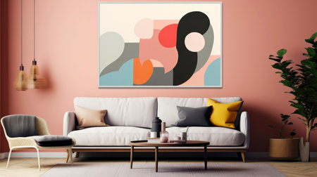 Stylish living room interior design with mock up poster frame, creative home accessories. Home staging. Copy space, Generative AI illustrationの素材