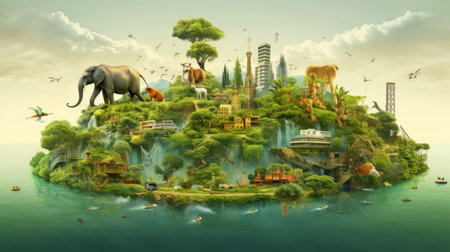 Illustration image, Nature and Sustainability, Eco-friendly Living and conservation, Concept art of Earth and animal life in different environments, Generative AI illustrationの素材