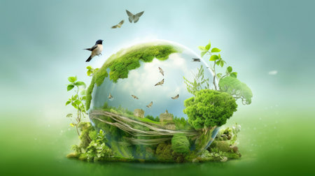 Illustration image, Nature and Sustainability, Eco-friendly Living and conservation, Concept art of Earth and animal life in different environments, Generative AI illustrationの素材