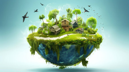 Illustration image, Nature and Sustainability, Eco-friendly Living and conservation, Concept art of Earth and animal life in different environments, Generative AI illustrationの素材