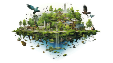 Illustration image, Nature and Sustainability, Eco-friendly Living and conservation, Concept art of Earth and animal life in different environments, Generative AI illustrationの素材