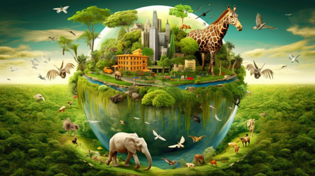 Illustration image, Nature and Sustainability, Eco-friendly Living and conservation, Concept art of Earth and animal life in different environments, Generative AI illustrationの素材