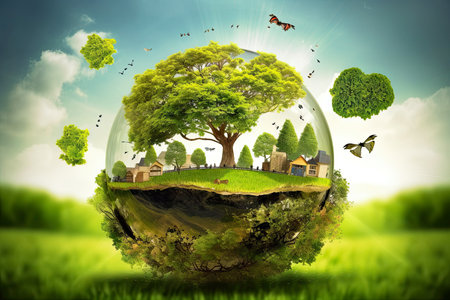 Illustration image, Nature and Sustainability, Eco-friendly Living and conservation, Concept art of Earth and animal life in different environments, Generative AI illustrationの素材