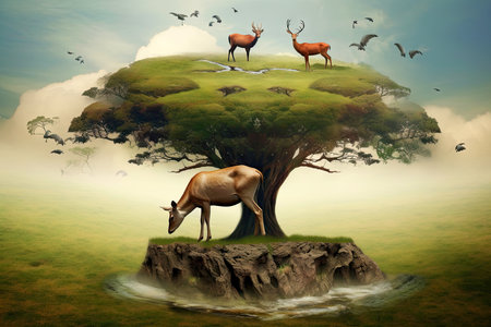 Illustration image, Nature and Sustainability, Eco-friendly Living and conservation, Concept art of Earth and animal life in different environments, Generative AI illustrationの素材