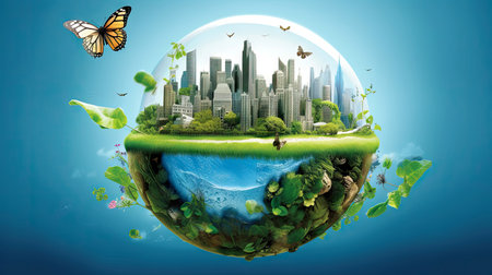 Illustration image, Nature and Sustainability, Eco-friendly Living and conservation, Concept art of Earth and animal life in different environments, Generative AI illustrationの素材