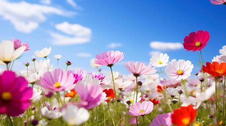 Nature floral background in early summer. Colorful natural spring landscape with with flowers, soft selective focus, Generative AI illustrationの素材