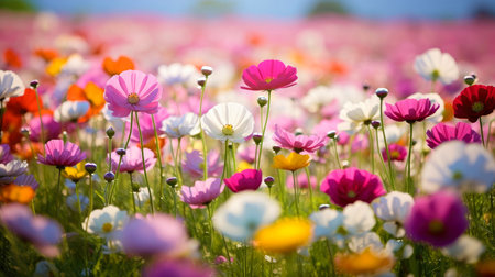 Nature floral background in early summer. Colorful natural spring landscape with with flowers, soft selective focus, Generative AI illustrationの素材