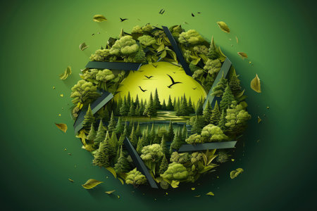 Ecosystem restoration, environment day concept tree background. Recycle icon paper cut banner with forest. Ecology project concept, Generative AI illustrationの素材