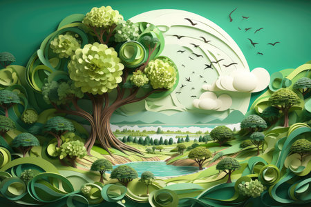 Ecosystem restoration, environment day concept tree background. Recycle icon paper cut banner with forest. Ecology project concept, Generative AI illustrationの素材