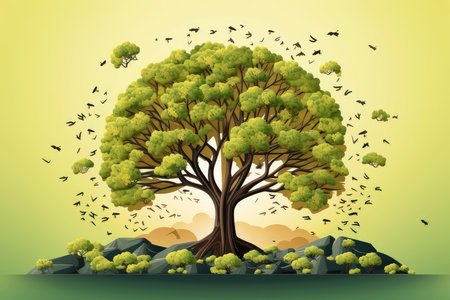 Ecosystem restoration, environment day concept tree background. Recycle icon paper cut banner with forest. Ecology project concept, Generative AI illustrationの素材