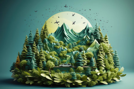 Ecosystem restoration, environment day concept tree background. Recycle icon paper cut banner with forest. Ecology project concept, Generative AI illustrationの素材