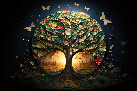 Ecosystem restoration, environment day concept tree background. Recycle icon paper cut banner with forest. Ecology project concept, Generative AI illustrationの素材