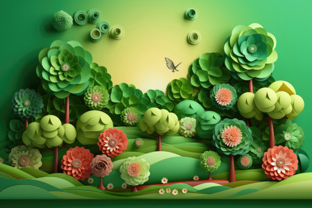 Ecosystem restoration, environment day concept tree background. Recycle icon paper cut banner with forest. Ecology project concept, Generative AI illustrationの素材