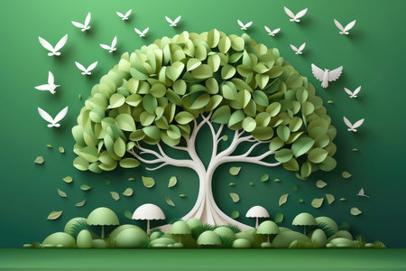 Ecosystem restoration, environment day concept tree background. Recycle icon paper cut banner with forest. Ecology project concept, Generative AI illustrationの素材