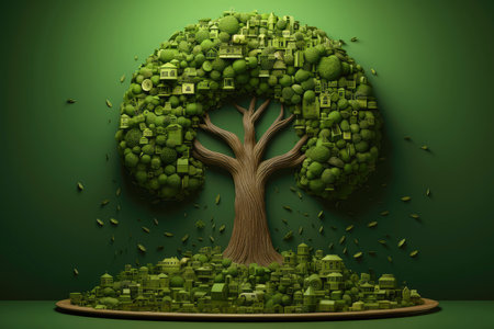 Ecosystem restoration, environment day concept tree background. Recycle icon paper cut banner with forest. Ecology project concept, Generative AI illustrationの素材