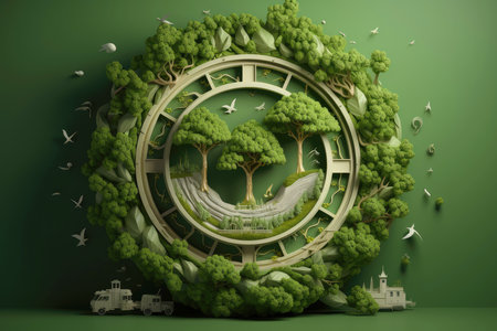 Ecosystem restoration, environment day concept tree background. Recycle icon paper cut banner with forest. Ecology project concept, Generative AI illustrationの素材