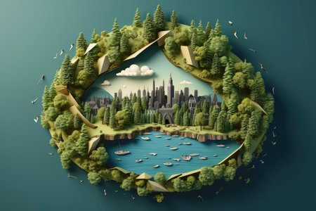 Ecosystem restoration, environment day concept tree background. Recycle icon paper cut banner with forest. Ecology project concept, Generative AI illustrationの素材