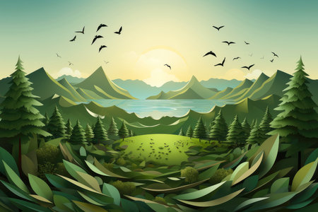 Ecosystem restoration, environment day concept tree background. Recycle icon paper cut banner with forest. Ecology project concept, Generative AI illustrationの素材