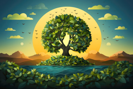 Ecosystem restoration, environment day concept tree background. Recycle icon paper cut banner with forest. Ecology project concept, Generative AI illustrationの素材