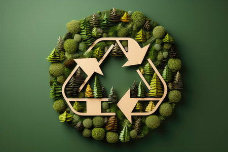 Ecosystem restoration, environment day concept tree background. Recycle icon paper cut banner with forest. Ecology project concept, Generative AI illustrationの素材