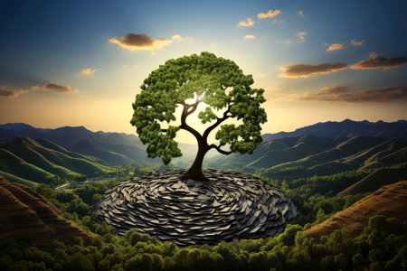 Ecosystem restoration, environment day concept tree background. Recycle icon paper cut banner with forest. Ecology project concept, Generative AI illustrationの素材