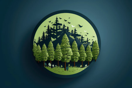 Ecosystem restoration, environment day concept tree background. Recycle icon paper cut banner with forest. Ecology project concept, Generative AI illustrationの素材