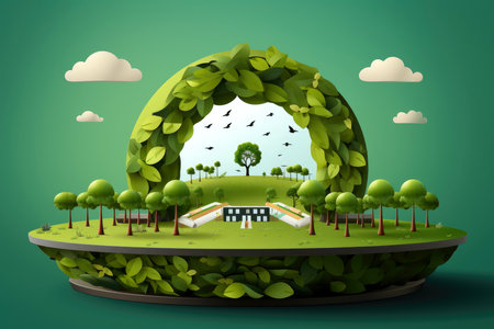 Ecosystem restoration, environment day concept tree background. Recycle icon paper cut banner with forest. Ecology project concept, Generative AI illustrationの素材