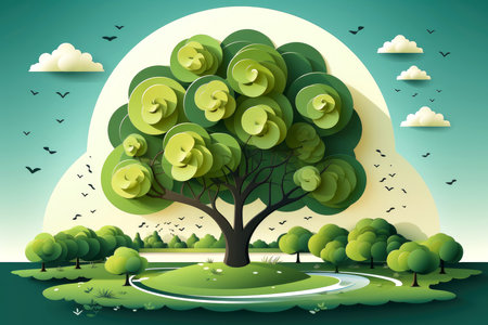 Ecosystem restoration, environment day concept tree background. Recycle icon paper cut banner with forest. Ecology project concept, Generative AI illustrationの素材