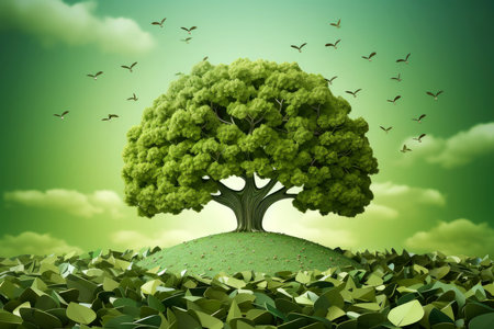 Ecosystem restoration, environment day concept tree background. Recycle icon paper cut banner with forest. Ecology project concept, Generative AI illustrationの素材