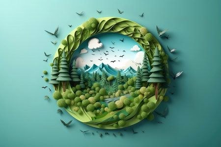 Ecosystem restoration, environment day concept tree background. Recycle icon paper cut banner with forest. Ecology project concept, Generative AI illustrationの素材