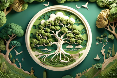 Ecosystem restoration, environment day concept tree background. Recycle icon paper cut banner with forest. Ecology project concept, Generative AI illustrationの素材