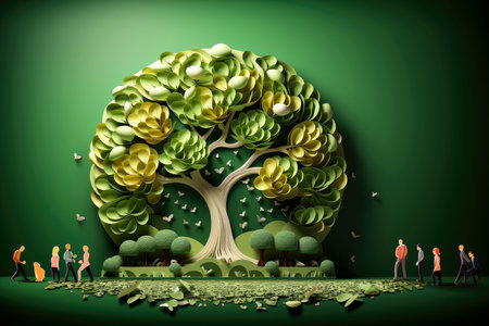 Ecosystem restoration, environment day concept tree background. Recycle icon paper cut banner with forest. Ecology project concept, Generative AI illustrationの素材