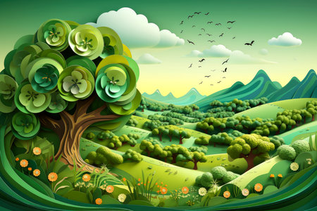 Ecosystem restoration, environment day concept tree background. Recycle icon paper cut banner with forest. Ecology project concept, Generative AI illustrationの素材