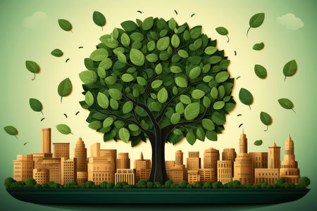 Ecosystem restoration, environment day concept tree background. Recycle icon paper cut banner with forest. Ecology project concept, Generative AI illustrationの素材