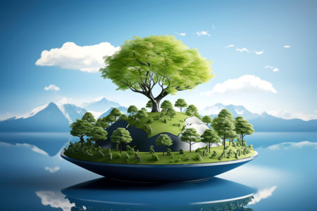 Ecosystem restoration, environment day concept tree background. Recycle icon paper cut banner with forest. Ecology project concept, Generative AI illustrationの素材