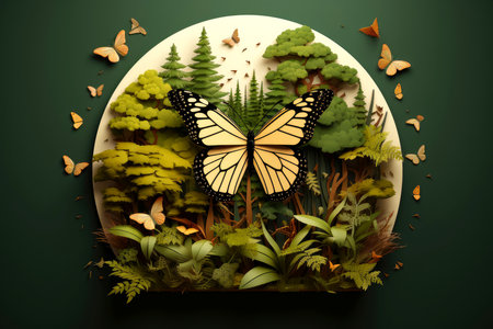 Ecosystem restoration, environment day concept tree background. Recycle icon paper cut banner with forest. Ecology project concept, Generative AI illustrationの素材