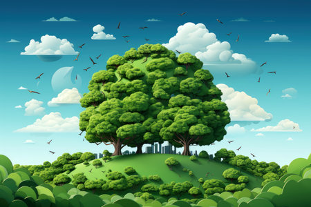 Ecosystem restoration, environment day concept tree background. Recycle icon paper cut banner with forest. Ecology project concept, Generative AI illustrationの素材