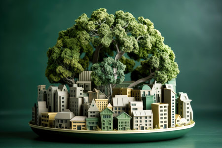 Ecosystem restoration, environment day concept tree background. Recycle icon paper cut banner with forest. Ecology project concept, Generative AI illustrationの素材
