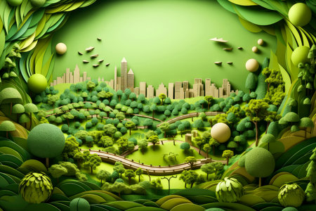 Ecosystem restoration, environment day concept tree background. Recycle icon paper cut banner with forest. Ecology project concept, Generative AI illustrationの素材