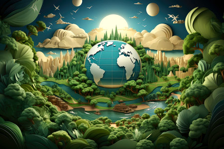 Ecosystem restoration, environment day concept tree background. Recycle icon paper cut banner with forest. Ecology project concept, Generative AI illustrationの素材