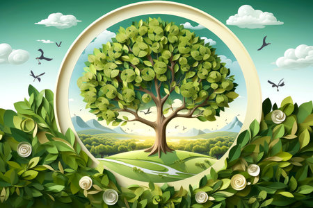 Ecosystem restoration, environment day concept tree background. Recycle icon paper cut banner with forest. Ecology project concept, Generative AI illustrationの素材